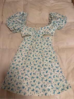 Zara White Mini Dress with Blue Floral Print and Puff Sleeves